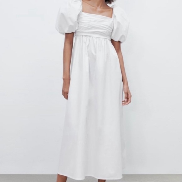 ZARA DRAPED WHITE PUFF SLEEVE DRESS 100% COTTON - Picture 2 of 4
